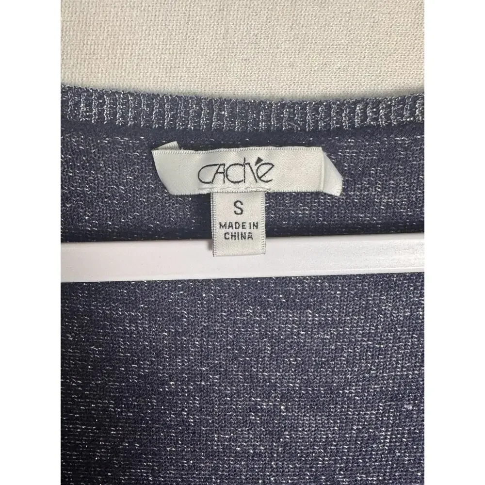 Cache Womens Y2K Metallic Knit V-Neck Sweater Navy Blue Shimmer Party Glam Sz S
